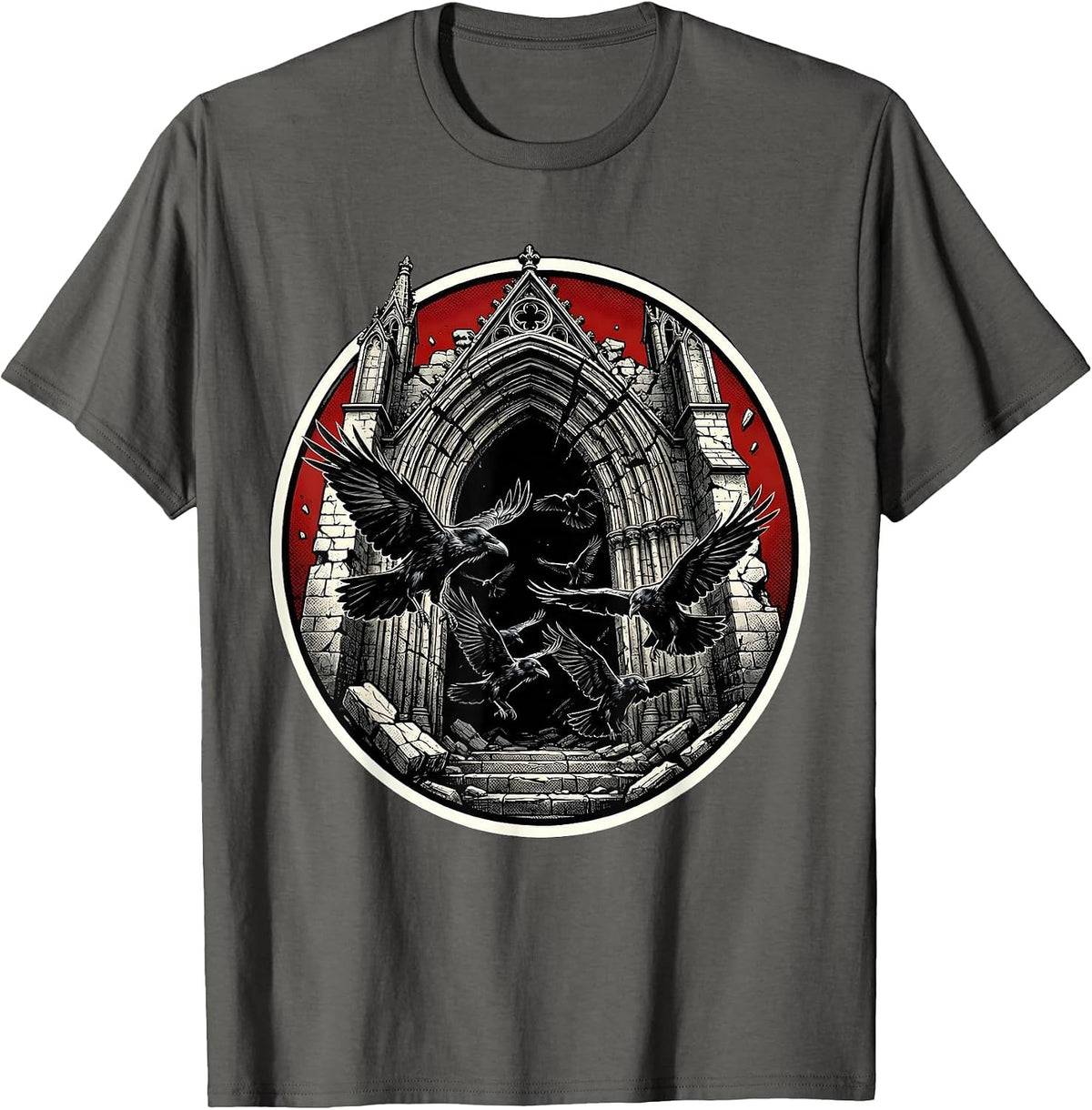 Crumbling Cathedral Ravens Heavy Metal Gothic Design T-Shirt - Asphalt Grey