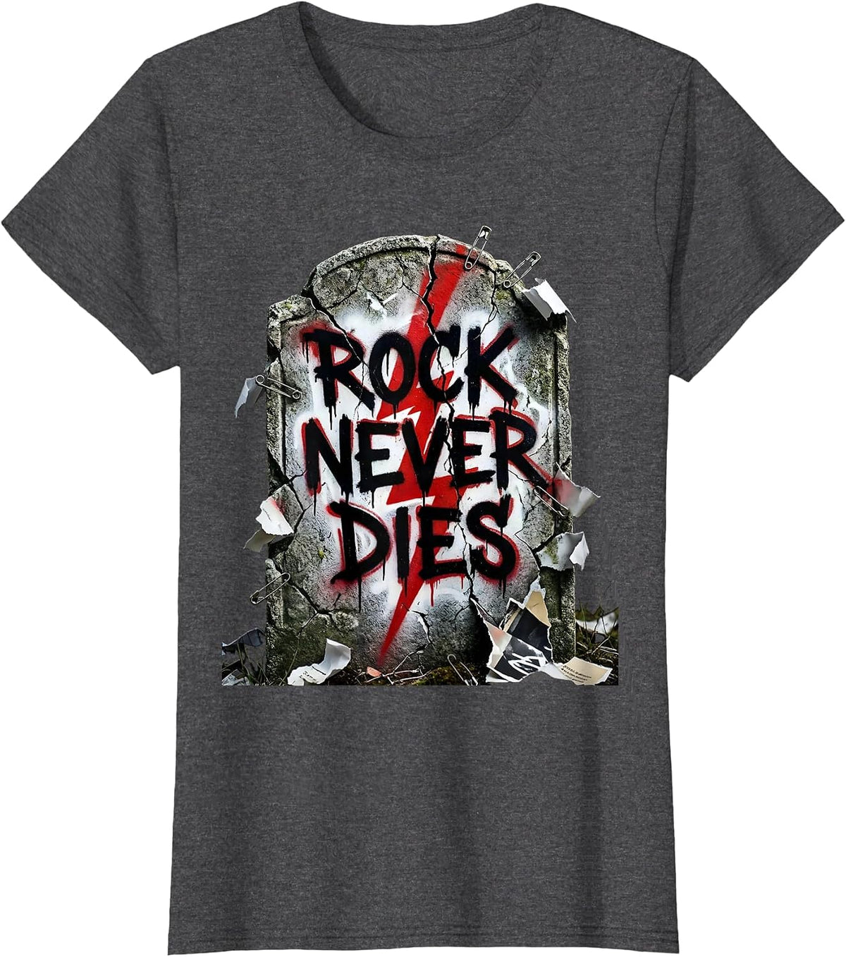 Women's Rock Never Dies Bold Graphic Music Design T-Shirt - Dark Heather Grey