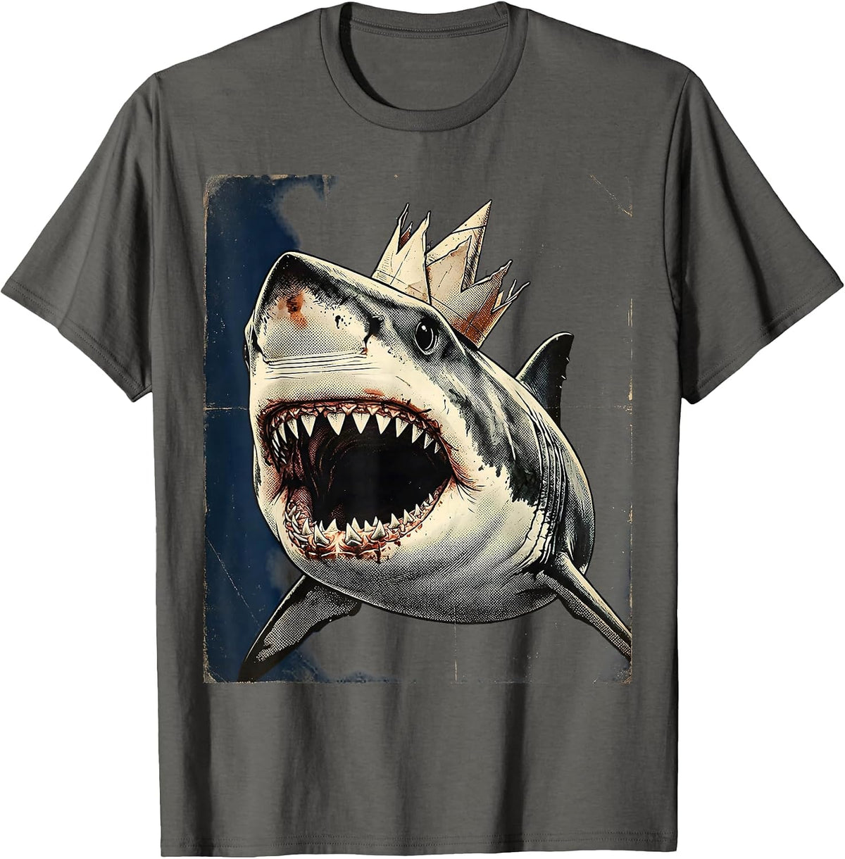 Men's Shark Birthday Party Crown Celebration Graphic T-Shirt - Asphalt Grey
