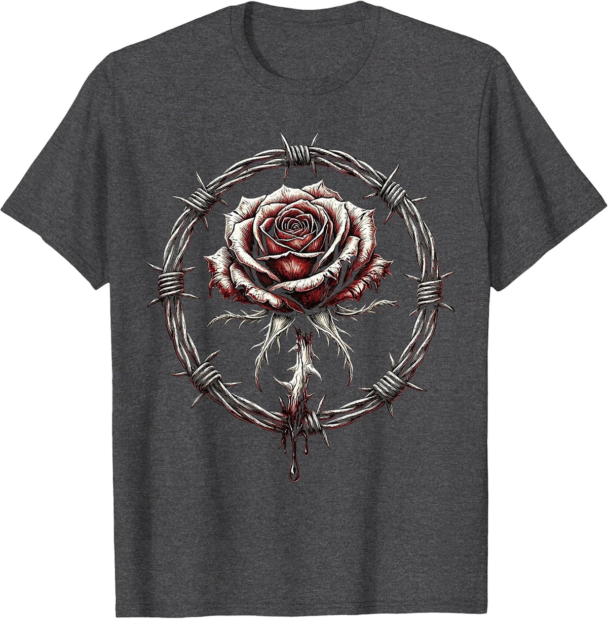 Severed Rose Barbed Wire Grunge Dark Art Design T-Shirt - Dark Heather Grey