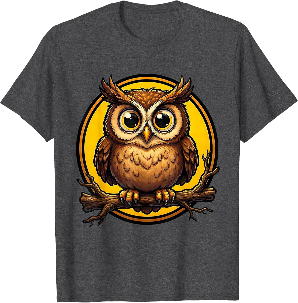 Men's Owl Perched on Branch Wide Eyes Animal Print T-Shirt - Dark Heather Grey