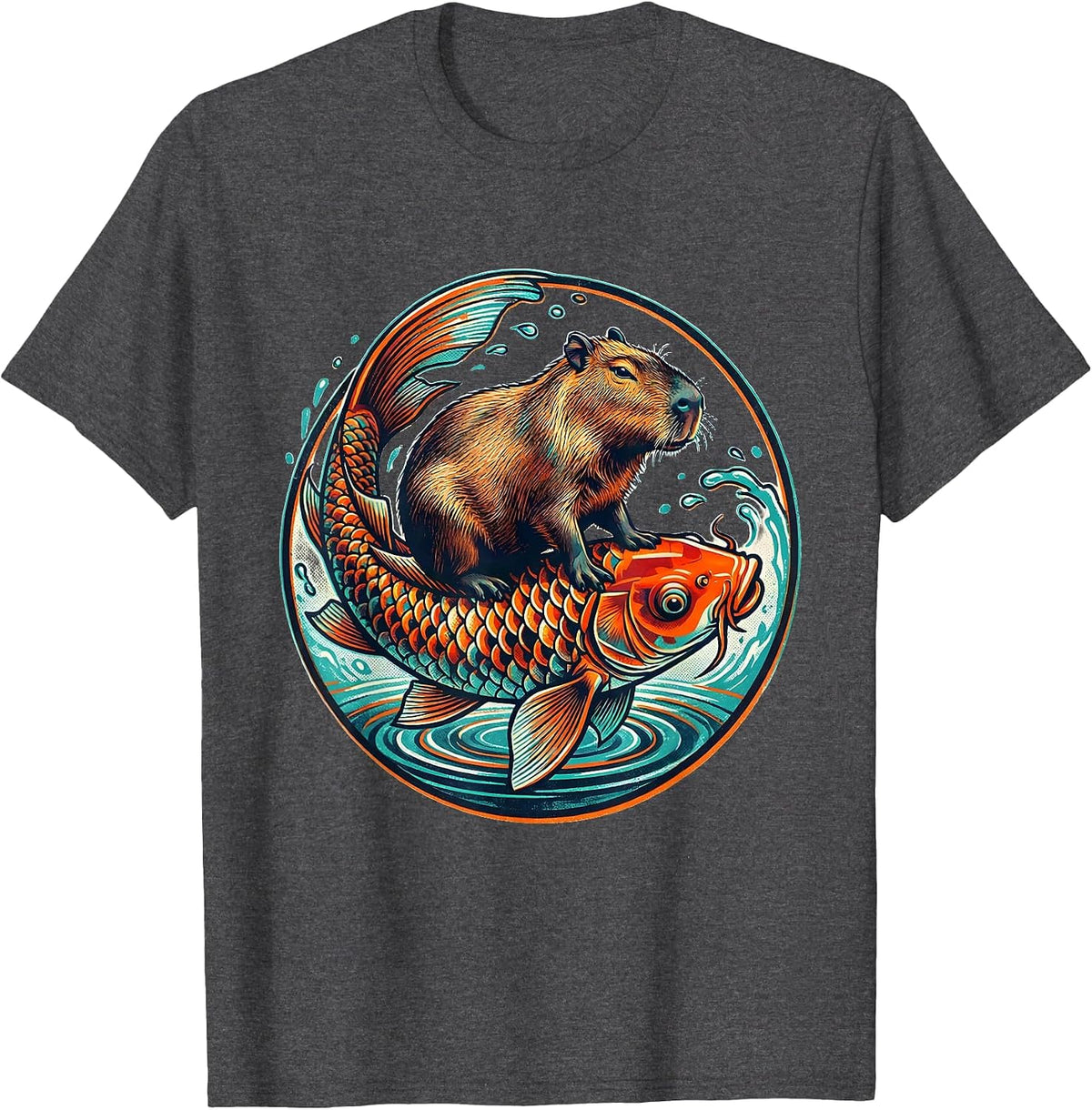 Capybara Riding Giant Koi Fish Graphic T-Shirt - Dark Heather Grey