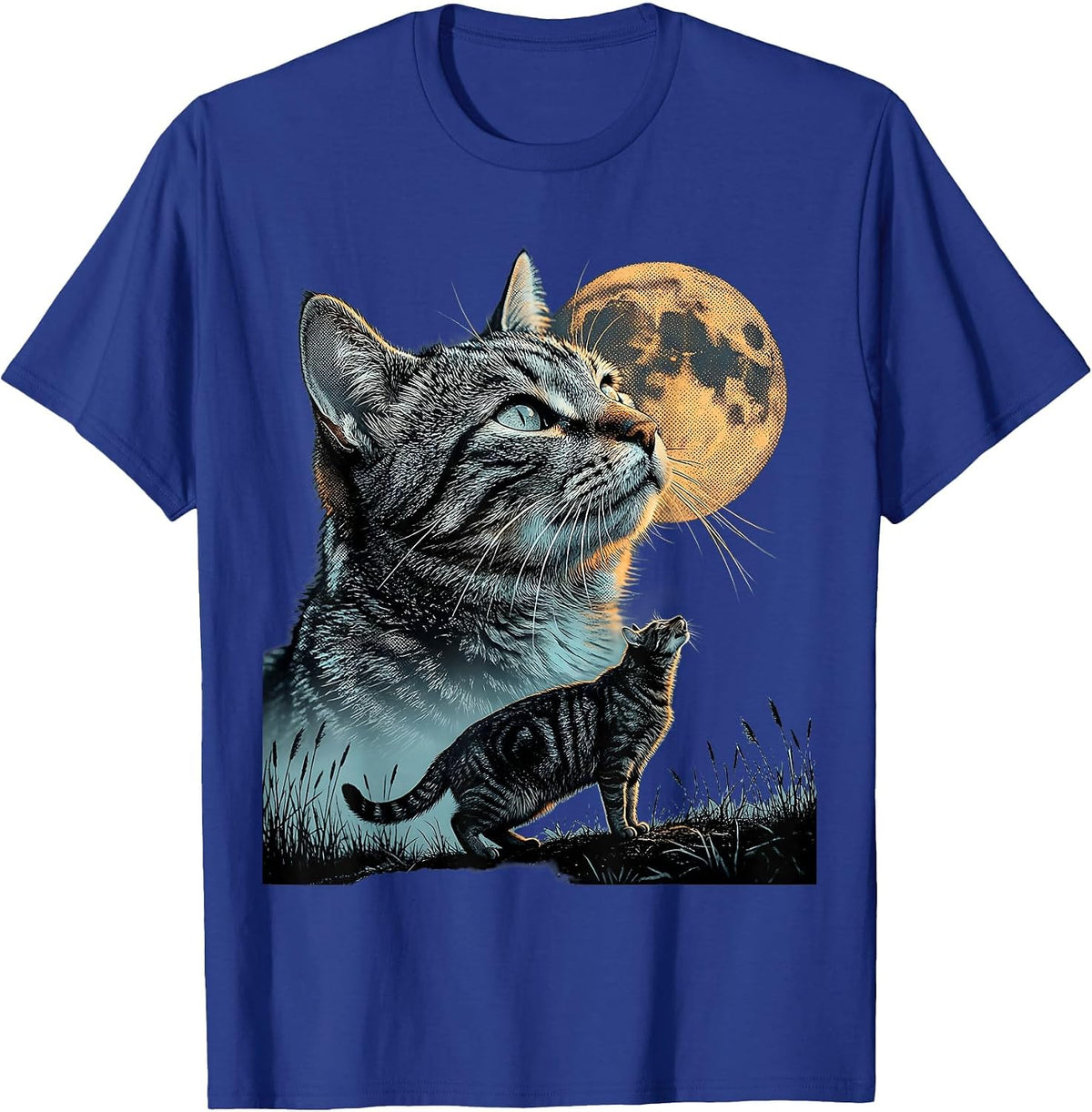 Grey Tabby Cat Howling at Moon 90's Retro T-Shirt - Royal Blue