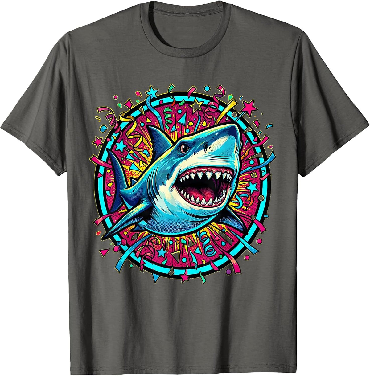 Men's Birthday Shark Confetti Ocean Celebration Design T-Shirt - Asphalt Grey