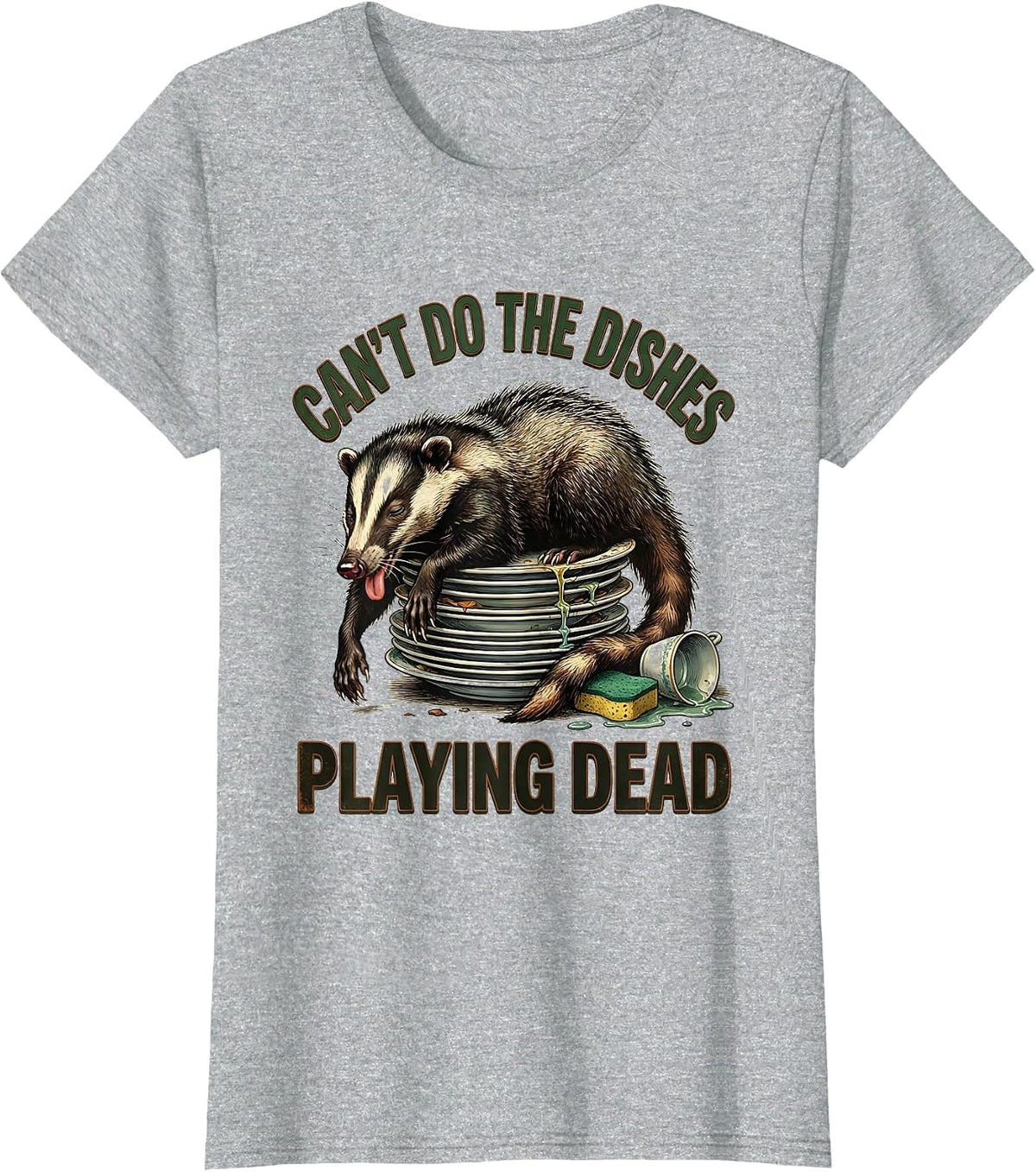 Can't Do The Dishes Playing Dead Vintage Opossum Meme Humor T-Shirt - Heather Grey