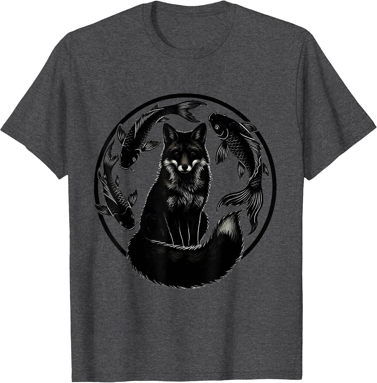 Fox and Koi Fish Nature Art Graphic Design T-Shirt - Dark Heather Grey