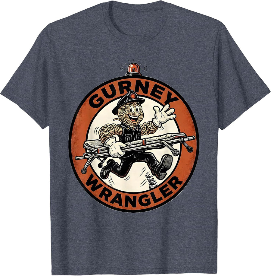 Gurney Wrangler Retro Cartoon Funny EMS Paramedic EMT T-Shirt - Heather Blue