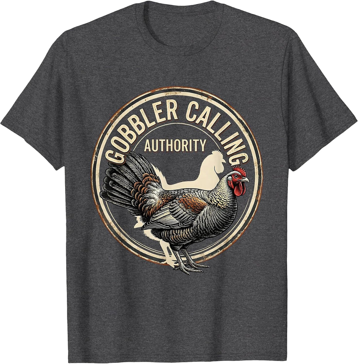Men's Gobbler Calling Authority Vintage Turkey Hunting Gift Humor T-Shirt - Dark Heather Grey