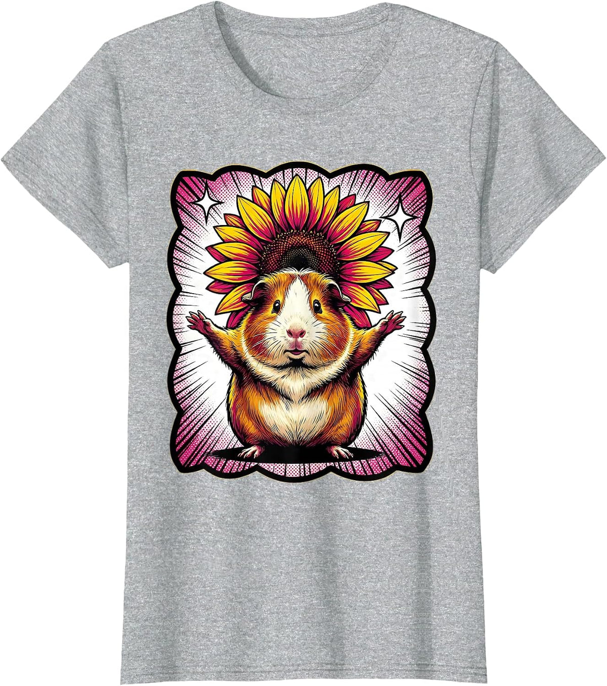 Women's Plump Guinea Pig Sunflower Pop Art Animal Lover Novelty T-Shirt - Heather Grey
