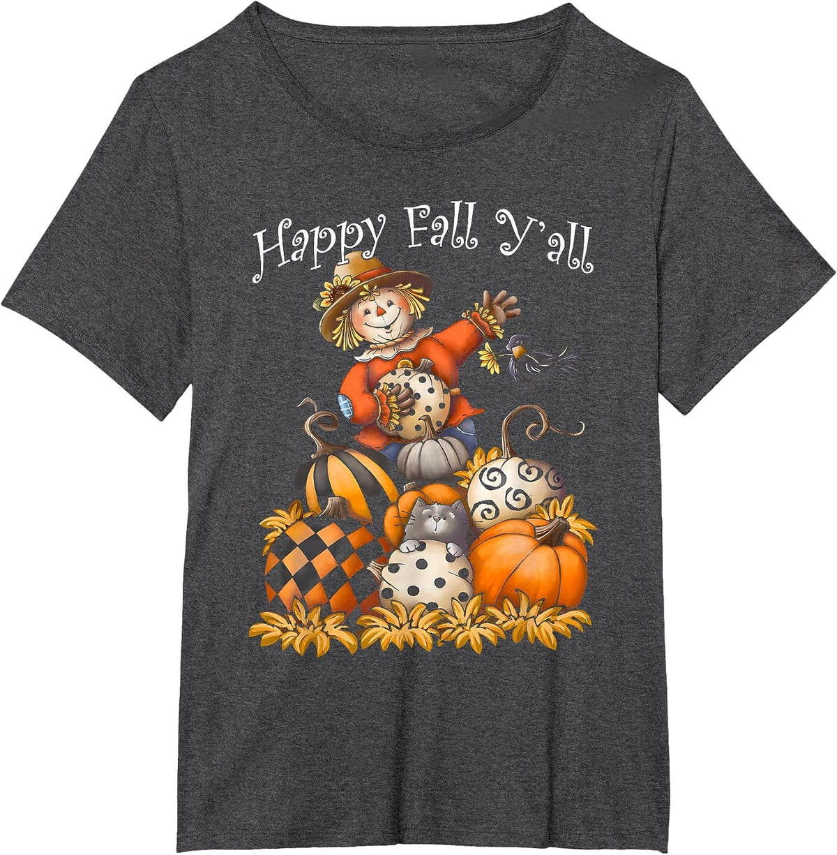 Scarecrow Happy Fall Y'all Pumpkin Thanksgiving Halloween T-Shirt - Dark Heather Grey