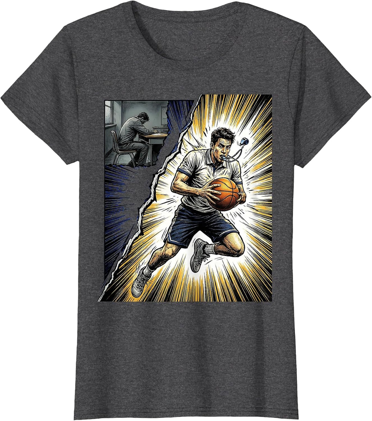 Women's PE Teacher Comic Book Basketball Back To School T-Shirt - Dark Heather Grey