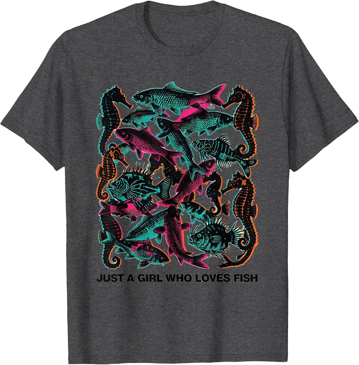 Just A Girl Who Loves Fish Risograph Animal Lover Humor T-Shirt - Dark Heather Grey