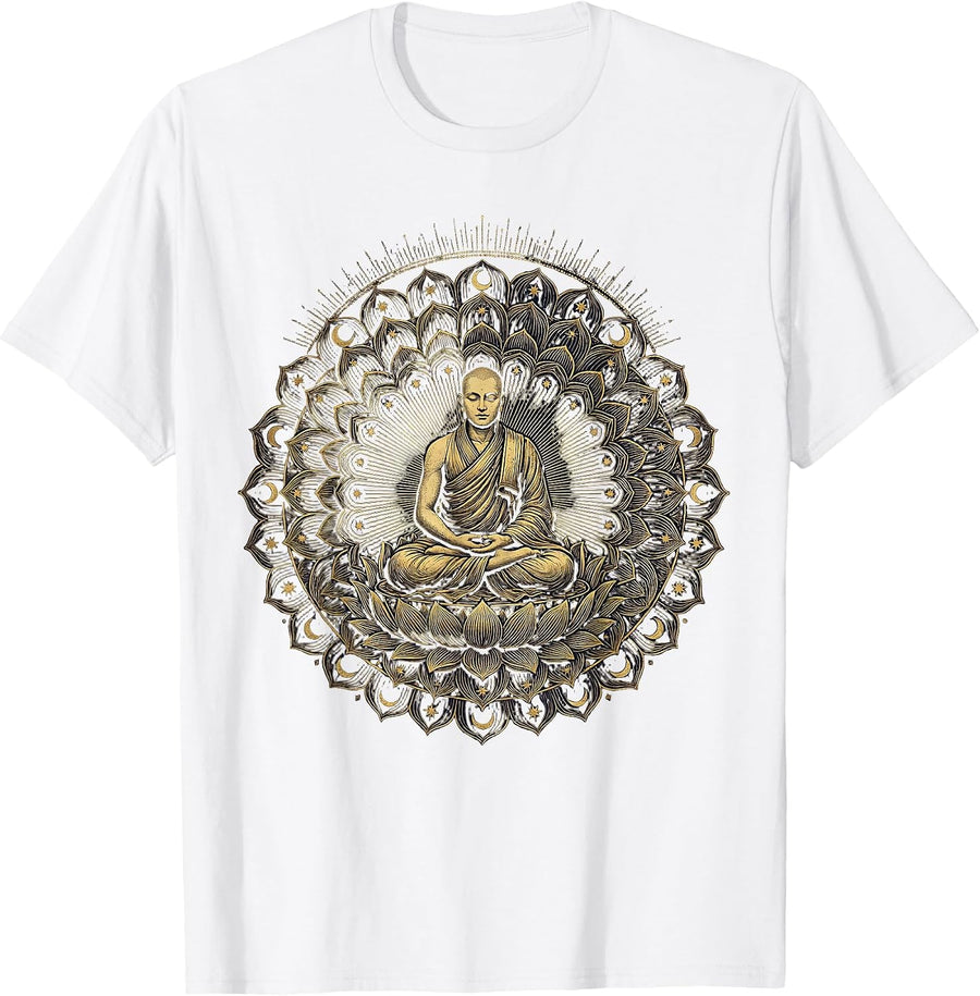 Men's Tibetan Monk Sand Mandala Spiritual Art Design T-Shirt - White
