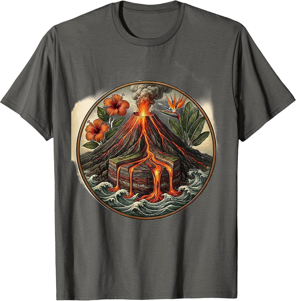 Hawaiian Erupting Volcano Lava Flow Graphic T-Shirt - Asphalt Grey