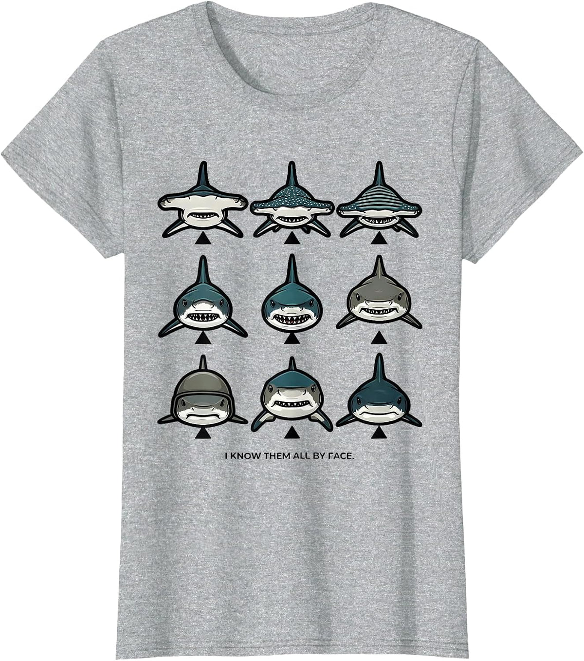 Women's I Know Them All By Face Flat Shark Species Ocean Wildlife T-Shirt - Heather Grey