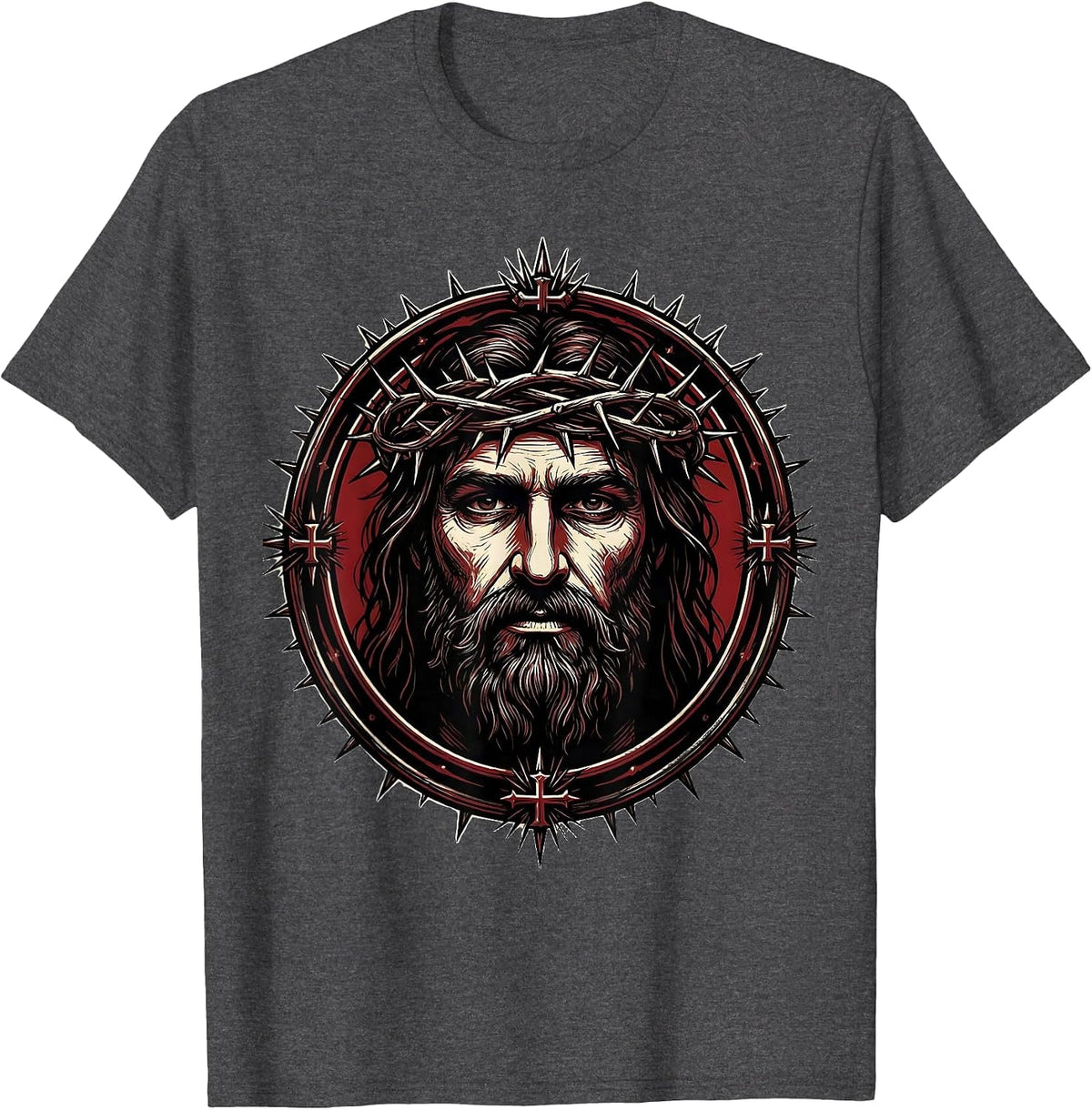 Jesus Crown of Thorns Portrait Graphic Tee T-Shirt - Dark Heather Grey