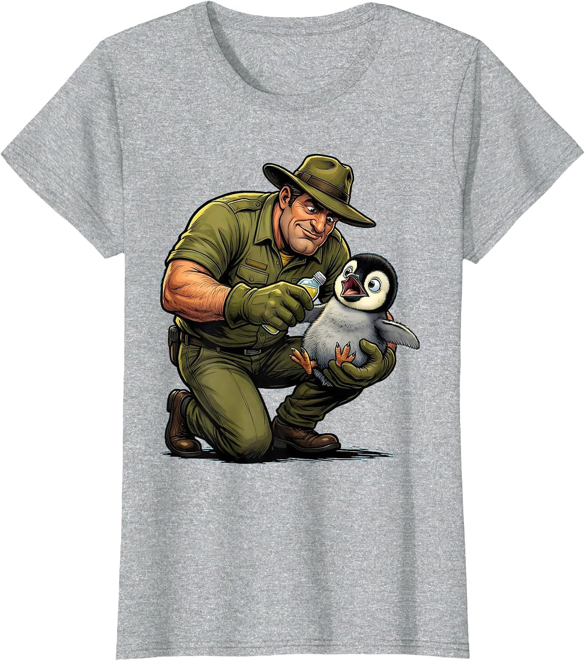 Women's Zoo Keeper Bottle Feeding Baby Penguin Chick T-Shirt - Heather Grey