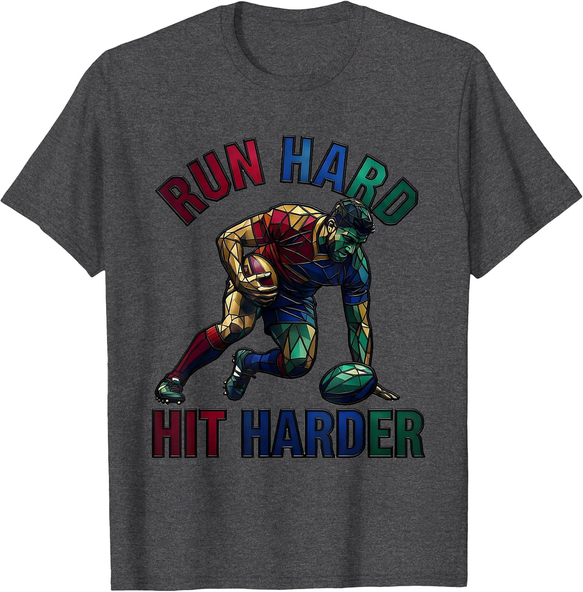 Run Hard Hit Harder Rugby Graphic Design T-Shirt - Dark Heather Grey