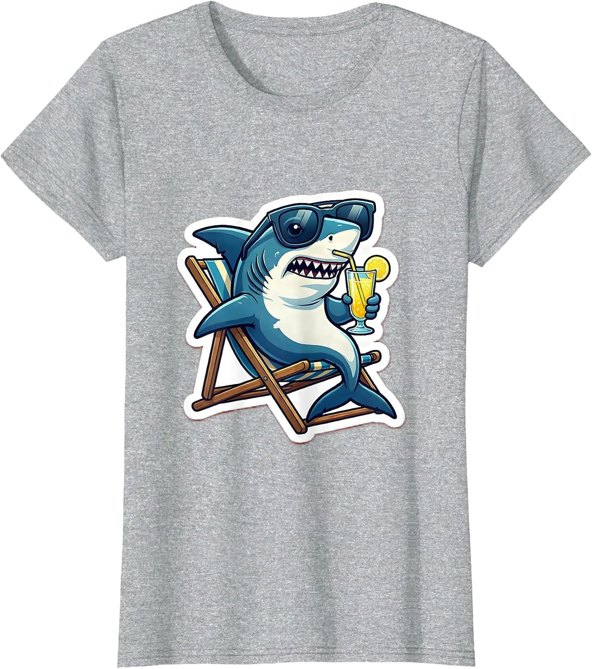 Women's Daddy Shark Relaxing in Lawn Chair with Lemonade T-Shirt - Heather Grey