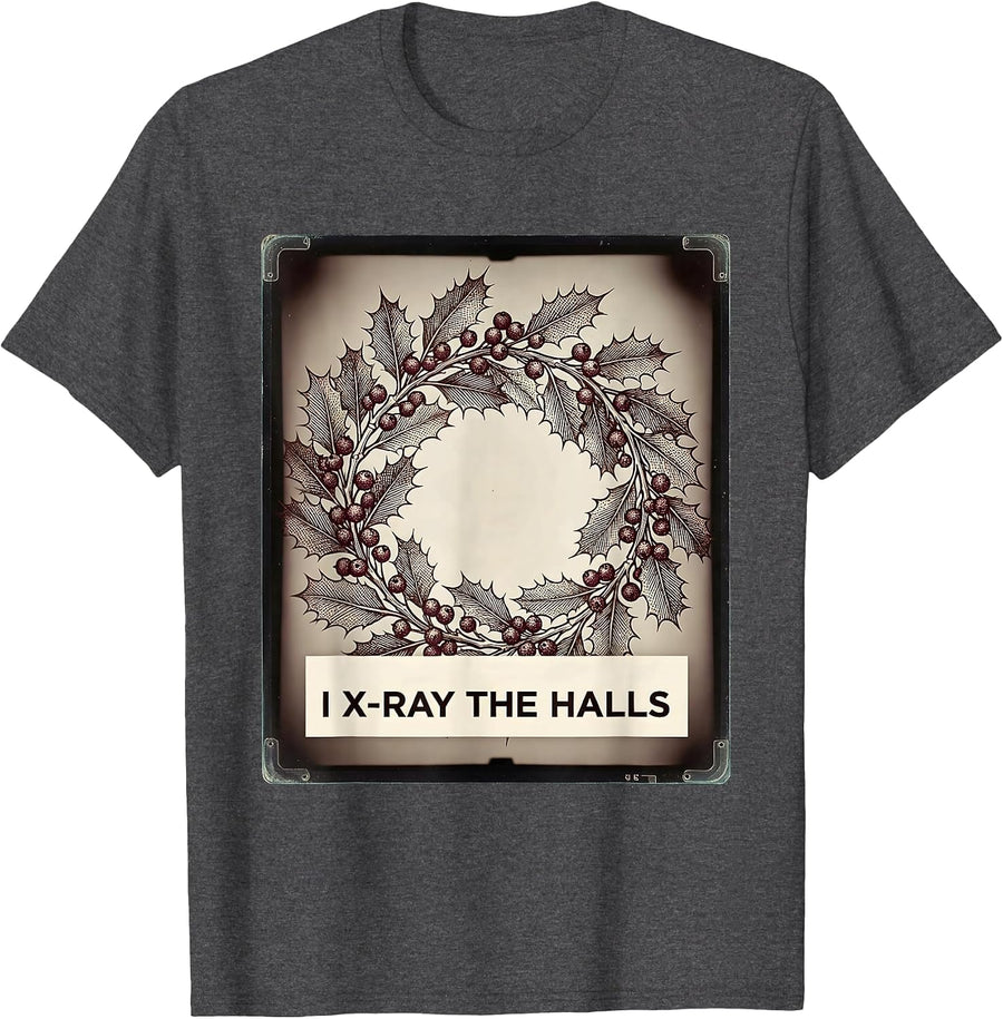 Men's I X-Ray The Halls Crosshatch Etching Radiology Tech T-Shirt - Dark Heather Grey