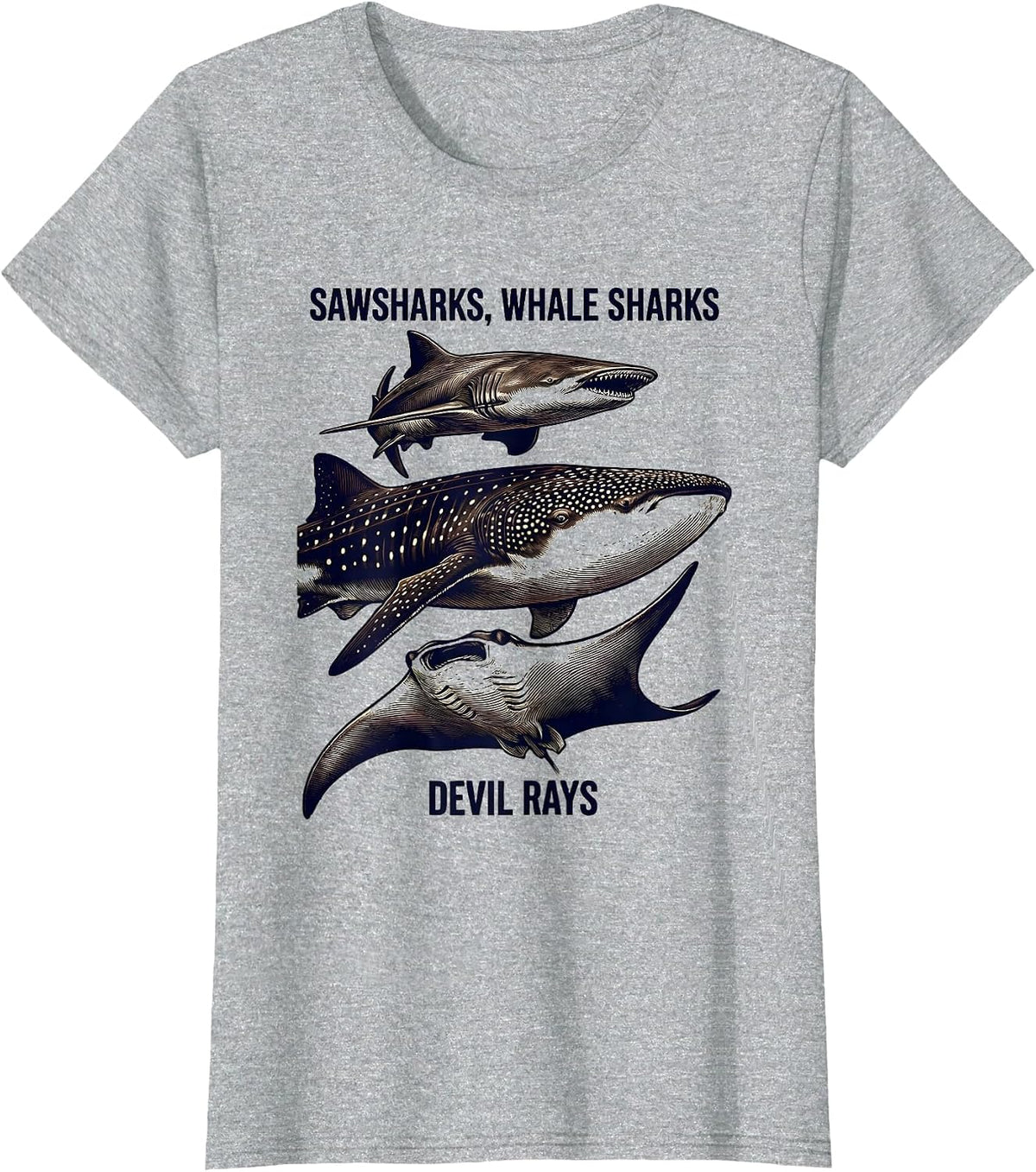 Sawsharks, Whale Sharks, Devil Rays Funny Shark Lover Ocean T-Shirt - Heather Grey