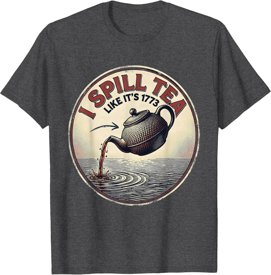 Men's I Spill Tea Like It's 1773 Vintage Historical Pun US History T-Shirt - Dark Heather Grey