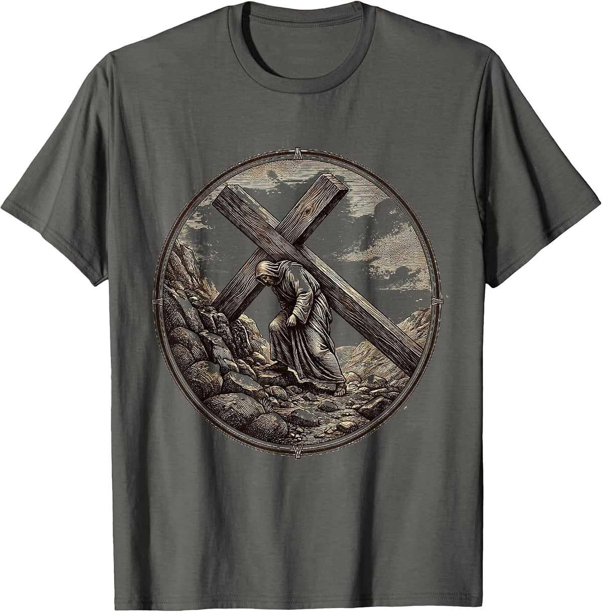 Men's Jesus Carrying Cross Up Rocky Path Illustration T-Shirt - Asphalt Grey