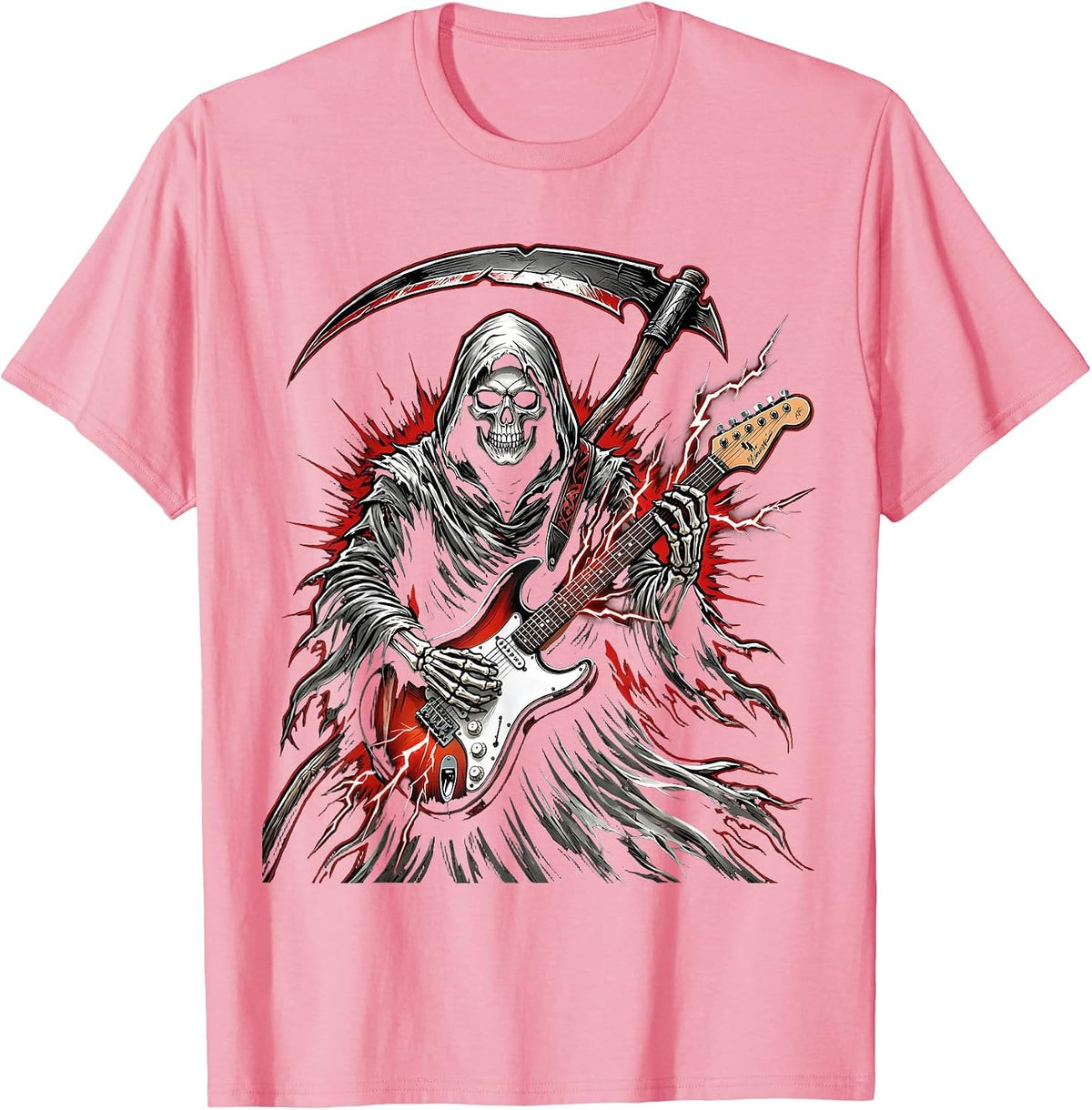 Men's Grim Reaper Electric Guitar Rock Halloween Design T-Shirt - Pink