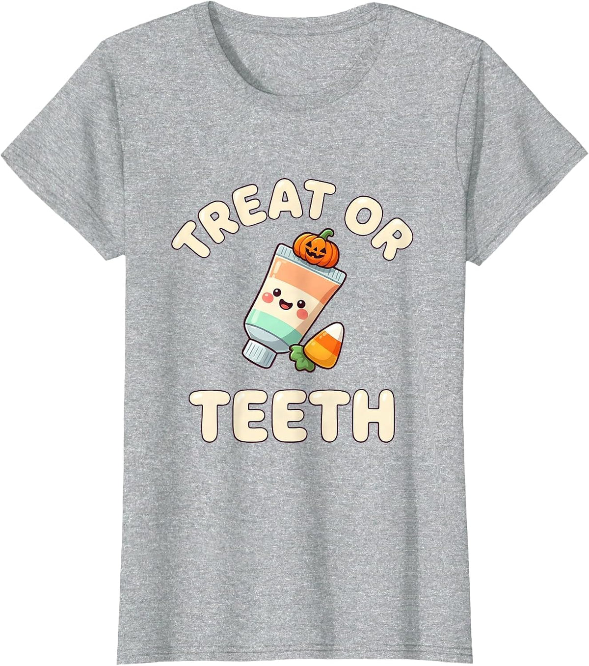 Treat Or Teeth Cute Kawaii Dental Hygienist Halloween Humor T-Shirt - Heather Grey
