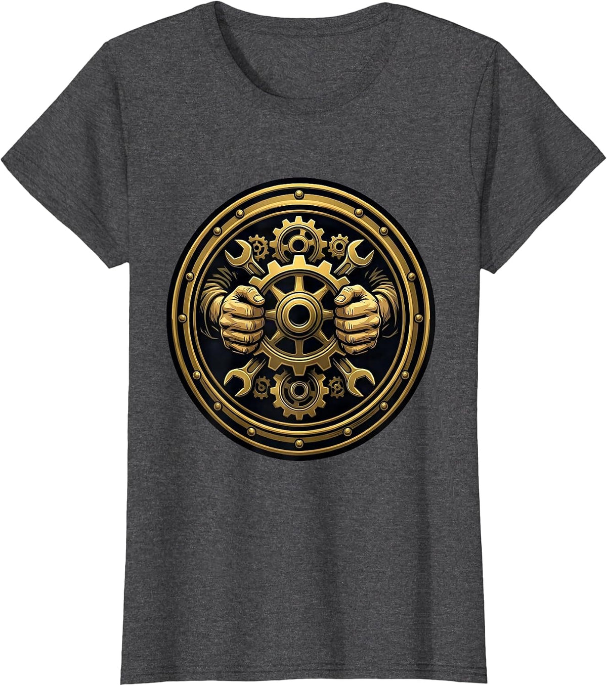 Women's Mechanic Hands Engine Gears Graphic Design T-Shirt - Dark Heather Grey