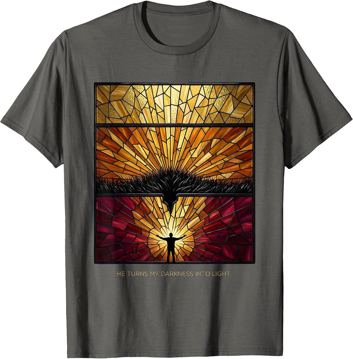He Turns My Darkness Into Light Stained Glass Mosaic T-Shirt - Asphalt Grey