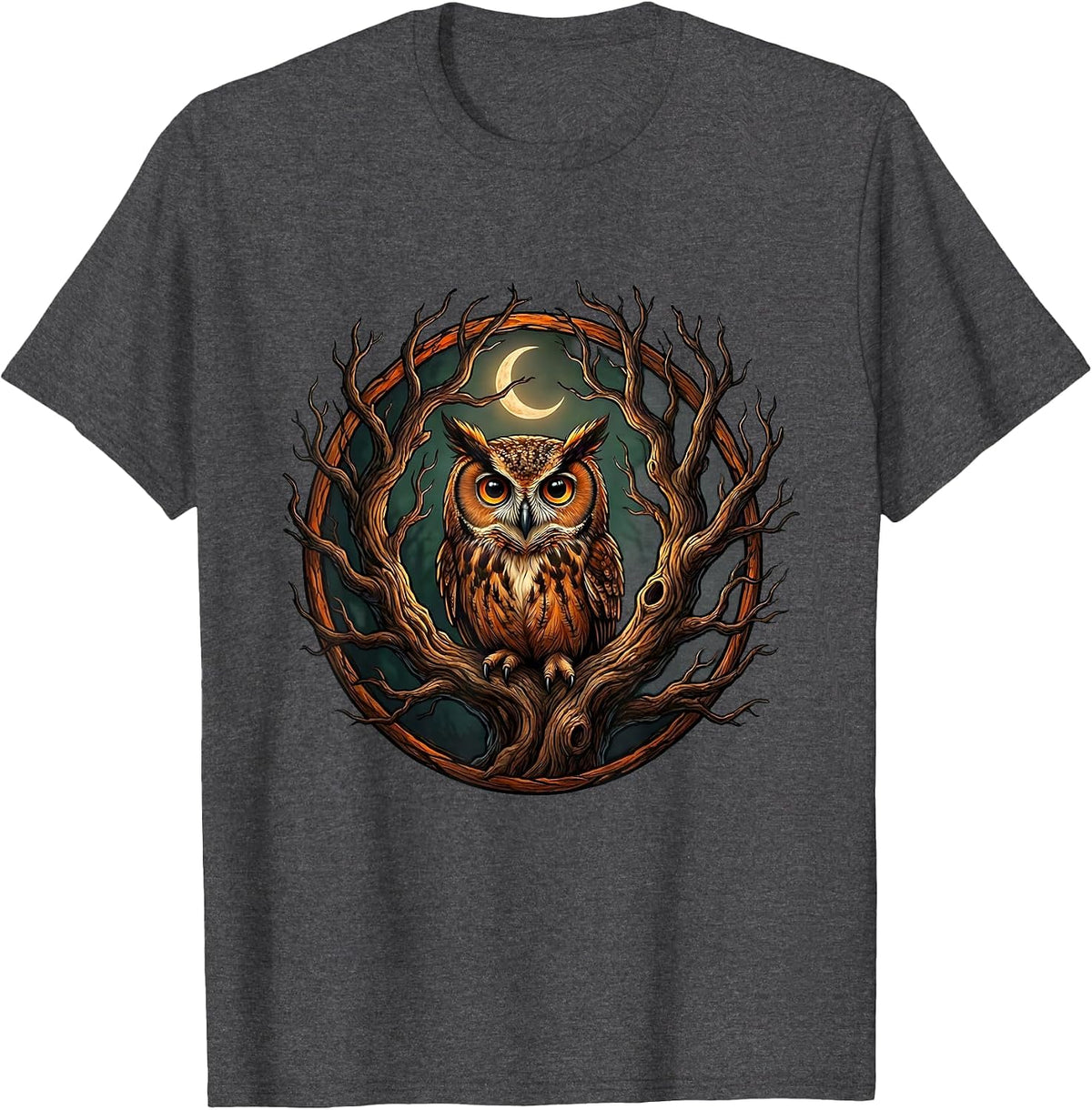 Men's Halloween Owl Glowing Eyes Dead Tree Illustration T-Shirt - Dark Heather Grey