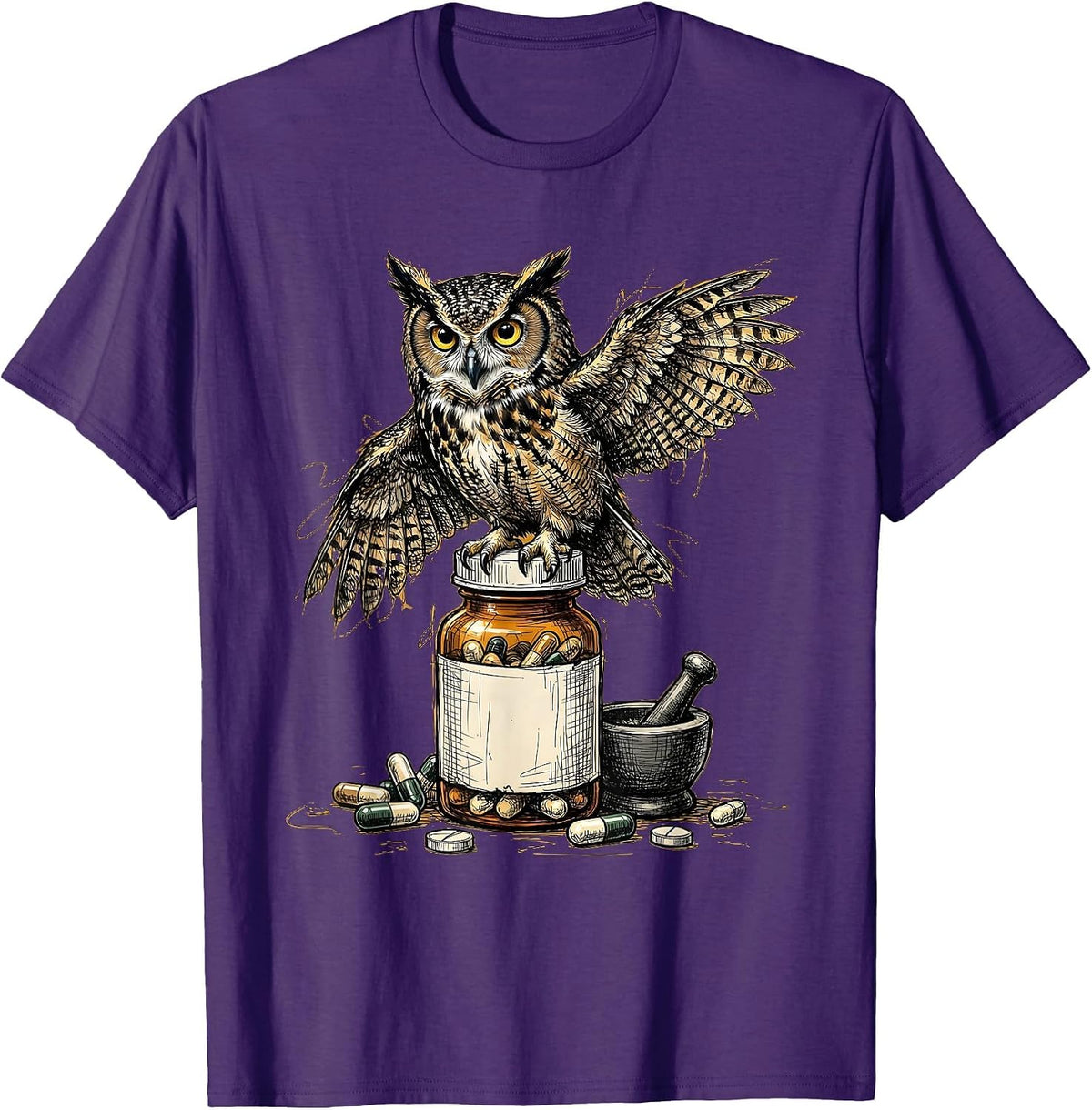 Pharmacy Technician Owl on Prescription Bottle T-Shirt - Purple