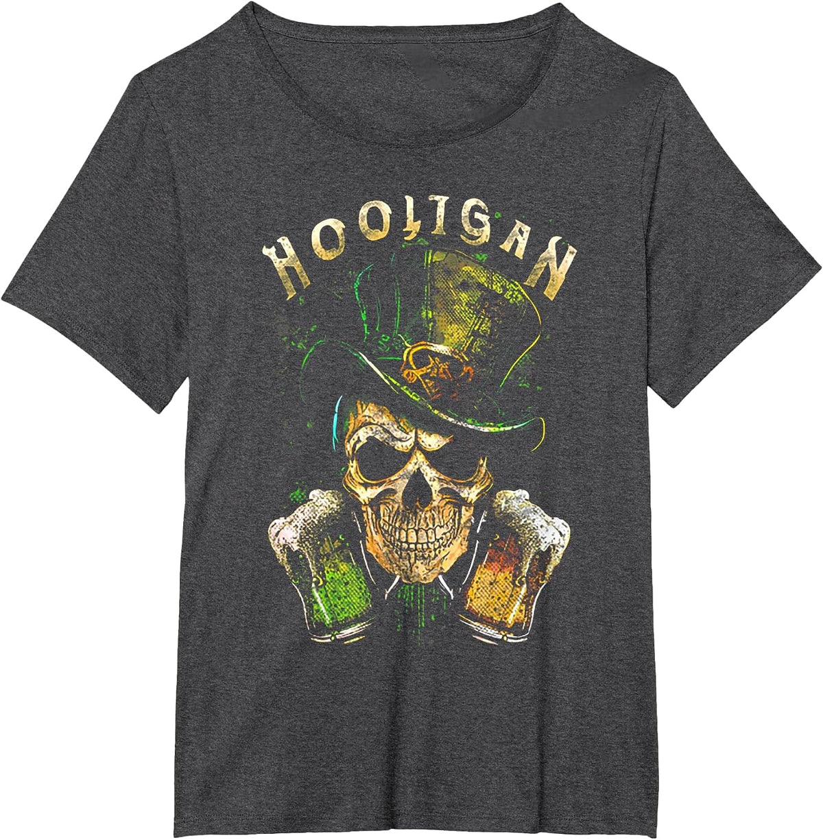 Hooligan Skull Beer Irish T-Shirt - Dark Heather Grey