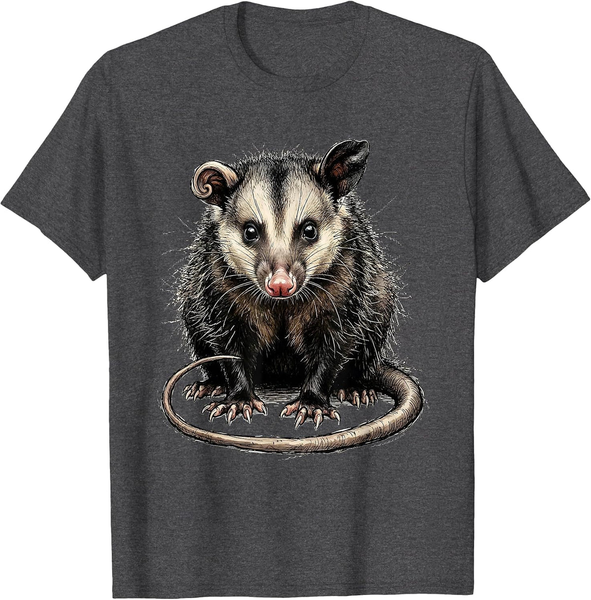 Men's Seated Opossum Hand-Sketched Funny Animal Meme T-Shirt - Dark Heather Grey