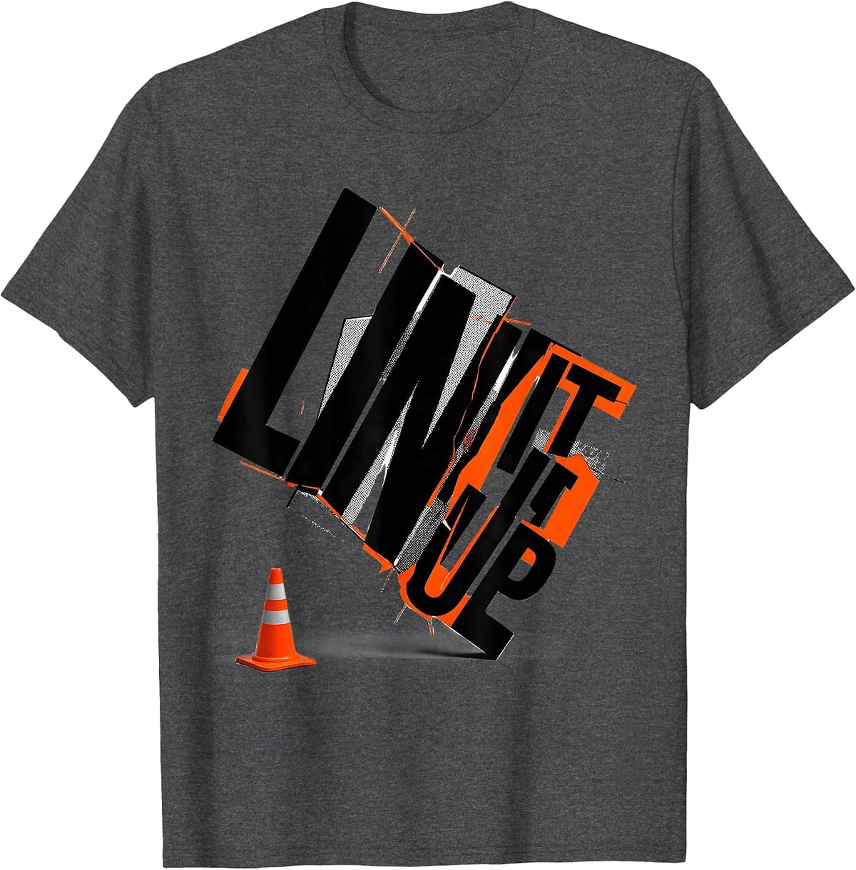 Men's Line It Up New Wave Typography PE Teacher Gym Class Back T-Shirt - Dark Heather Grey