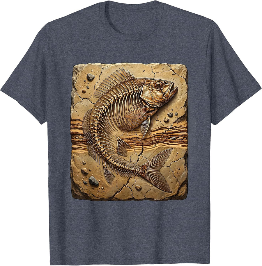 Skeletal Fish Fossil Embedded in Stone Graphic T-Shirt - Heather Blue