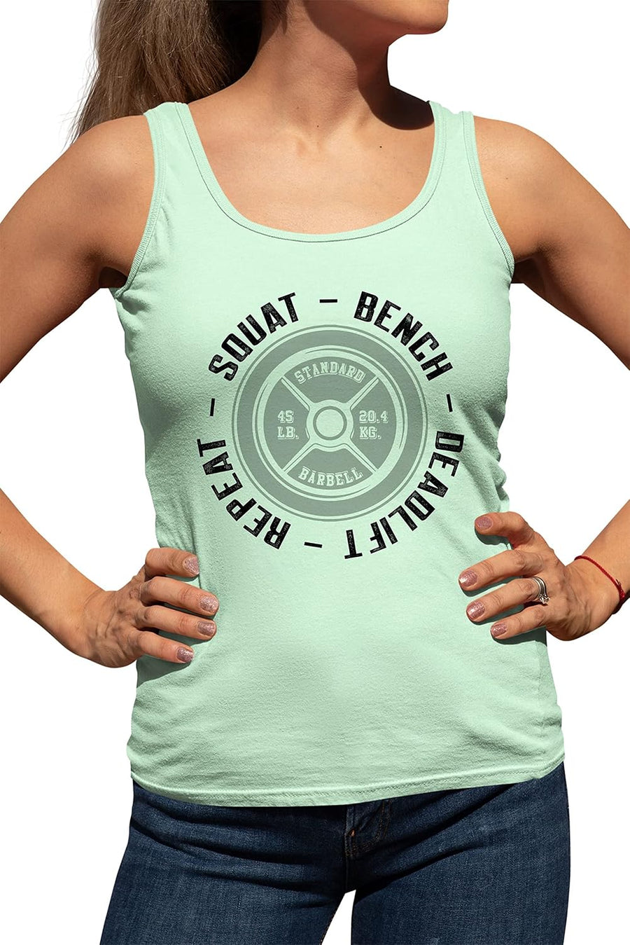 Go All Out Squat Bench Deadlift Repeat Funny Gym Workout Mens Women Flowy Fitted Sleeveless Tank Top T-Shirt - Fitted Mint