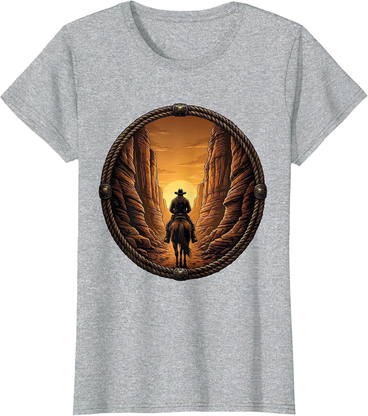 Women's Cowboy Riding Through Canyon Tunnel Western Art T-Shirt - Heather Grey