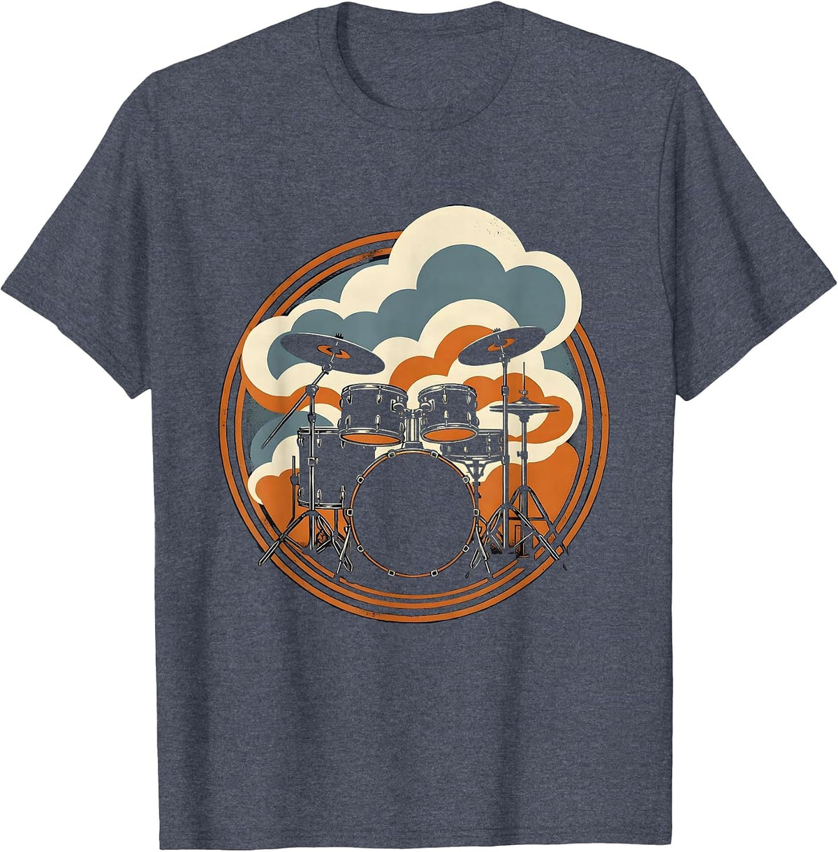 Drum Kit Engulfed in Rolling Smoke Graphic T-Shirt - Heather Blue