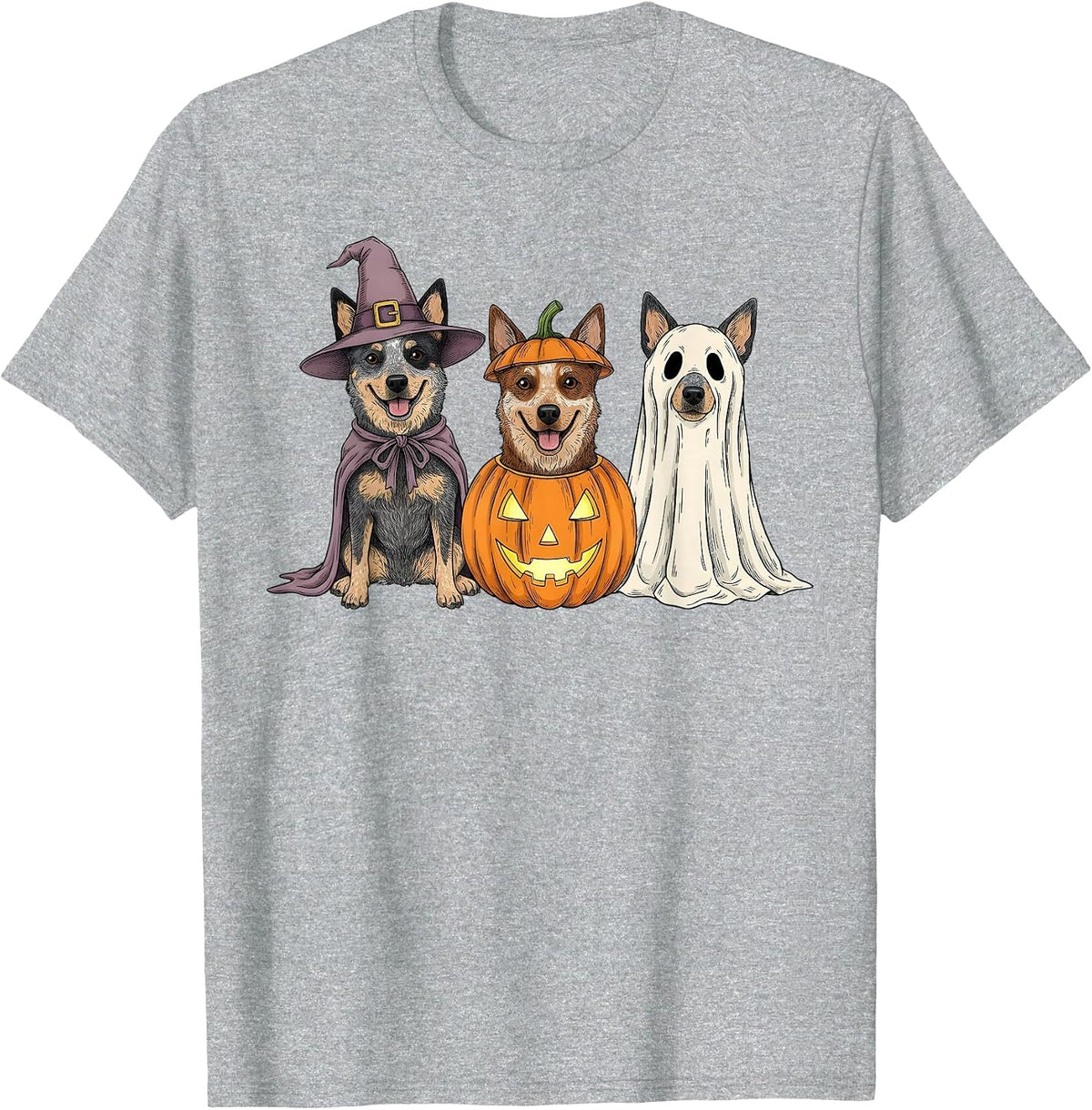 Spooky Ghost Blue Heeler Pumpkin Halloween Dog Lover T-Shirt - Heather Grey