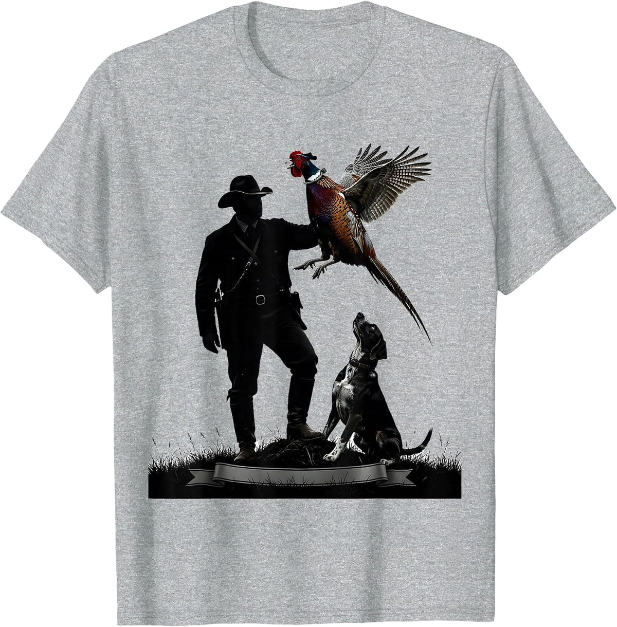 Men's Pheasant Hunter Silhouette Bird Dog Upland Hunting T-Shirt - Heather Grey