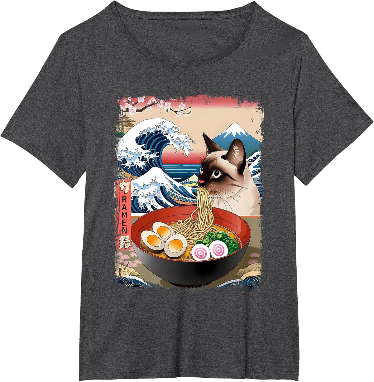 Siamese Cat Eating Ramen Noodles Ocean Waves Japanese Art T-Shirt - Dark Heather Grey