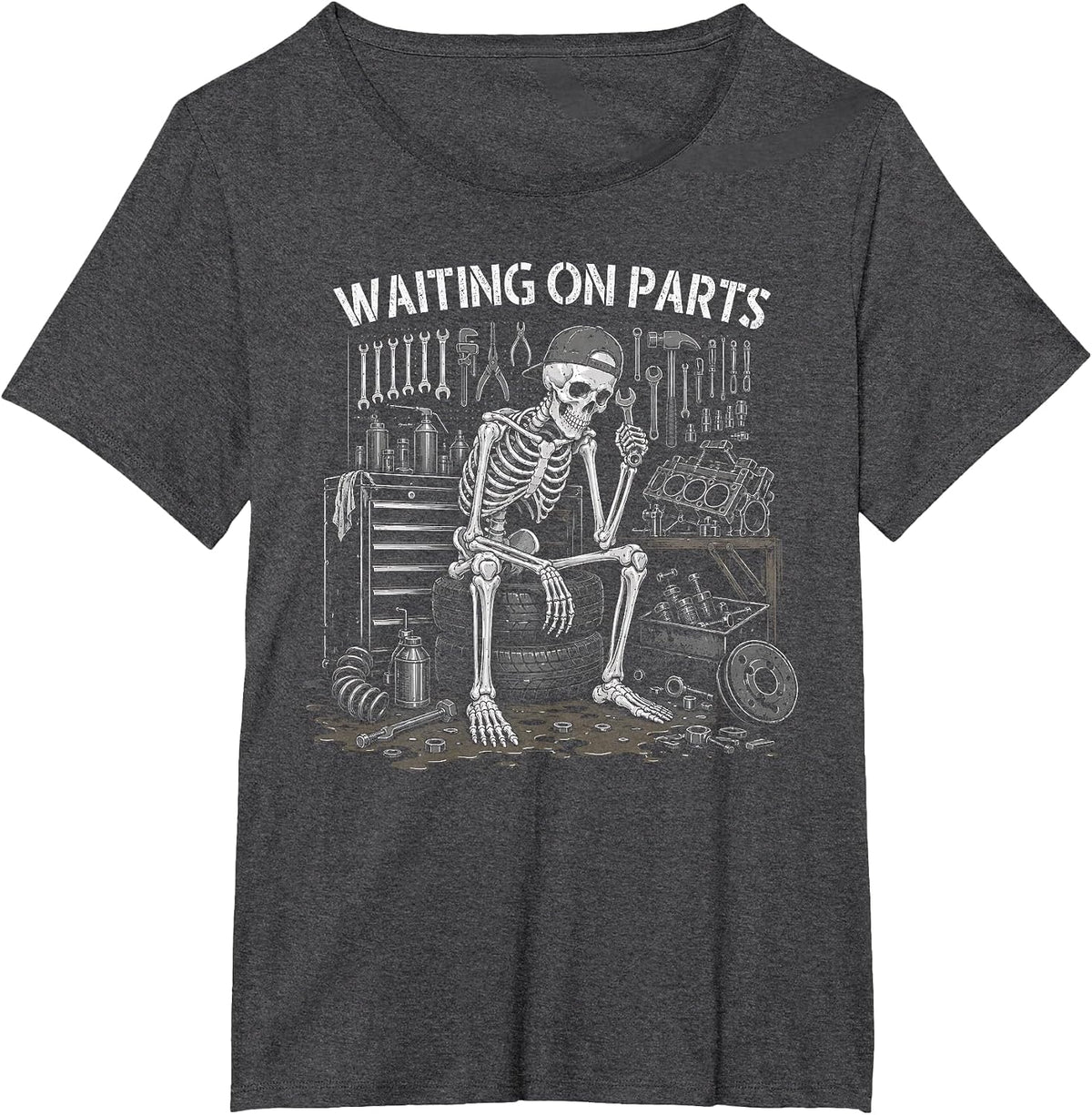 Funny Waiting On Parts Mechanic Skeleton Auto Repair Life T-Shirt - Dark Heather Grey
