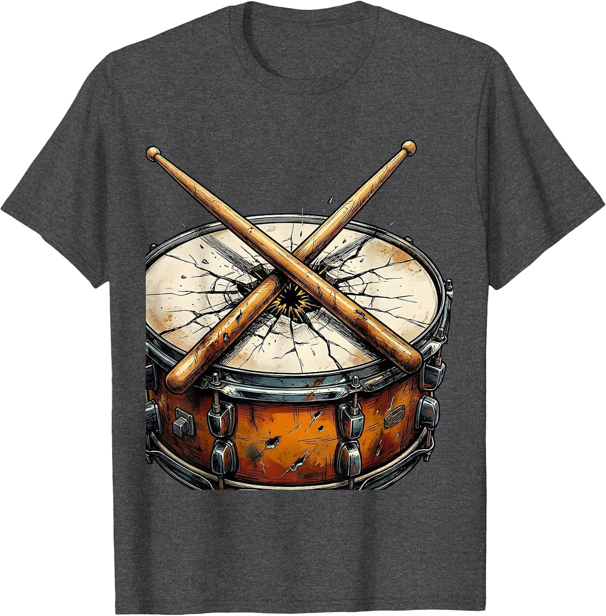 Crossed Drumsticks Cracked Snare Drum Concert Graphic T-Shirt - Dark Heather Grey
