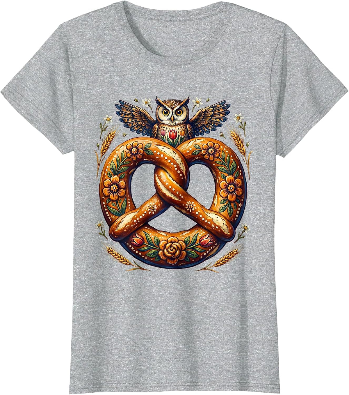 Women's Owl on Giant Pretzel Oktoberfest Graphic Tee T-Shirt - Heather Grey