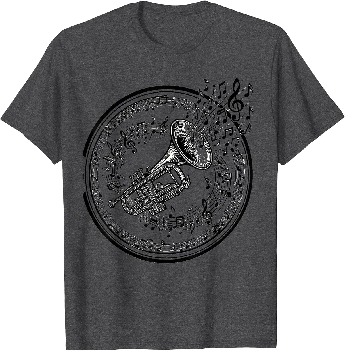 Trumpet Overflowing With Musical Notes Music Teacher T-Shirt - Dark Heather Grey