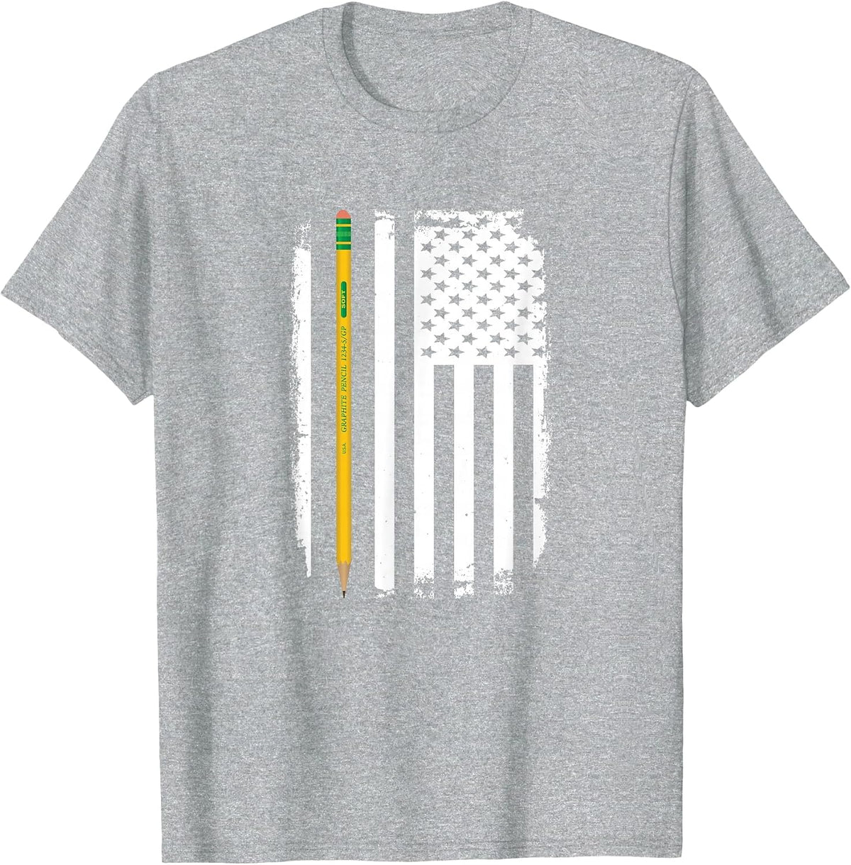 Thin Pencil Line American Flag Teacher T-Shirt - Heather Grey