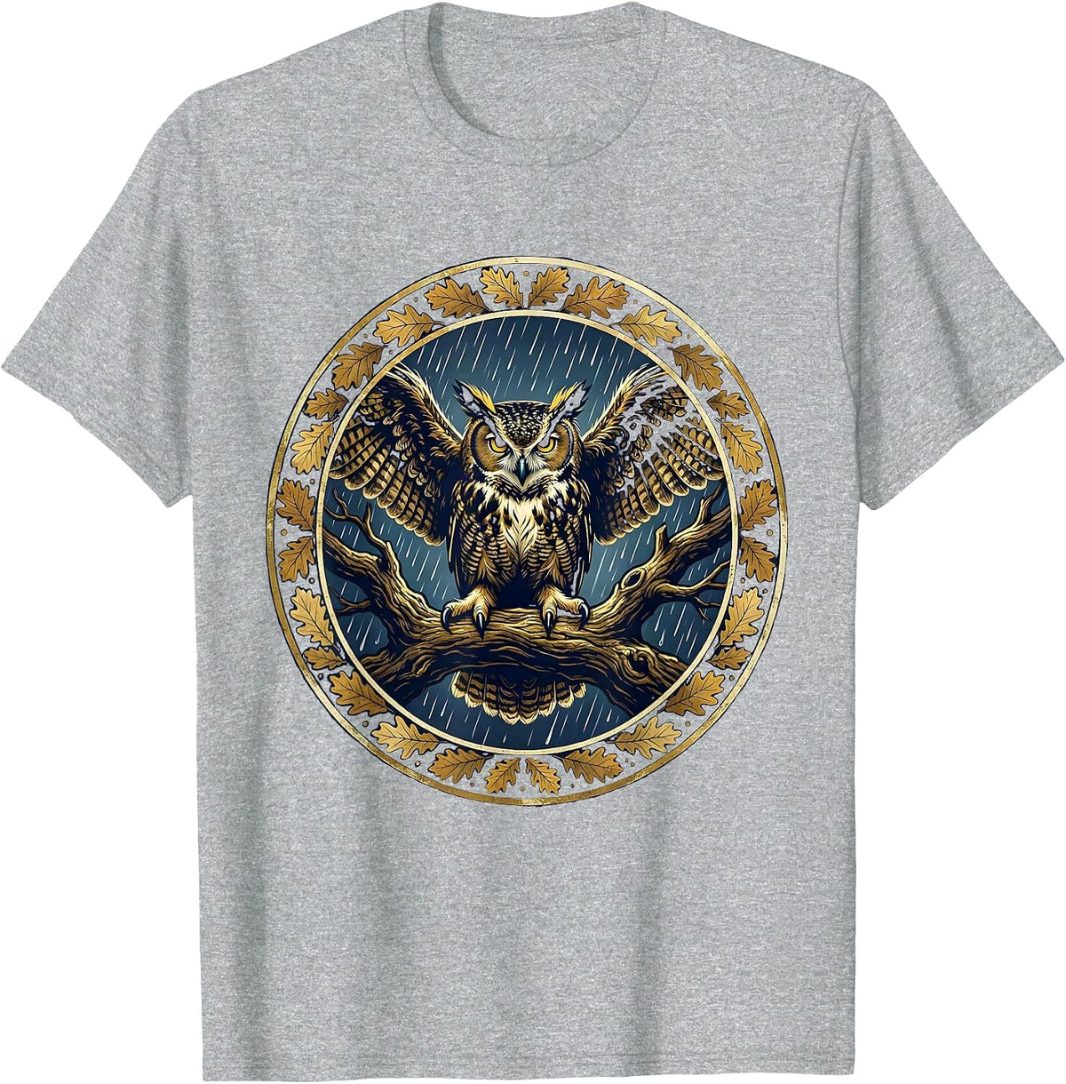 Men's Owl on Branch Rainy Night Fall Illustration T-Shirt - Heather Grey