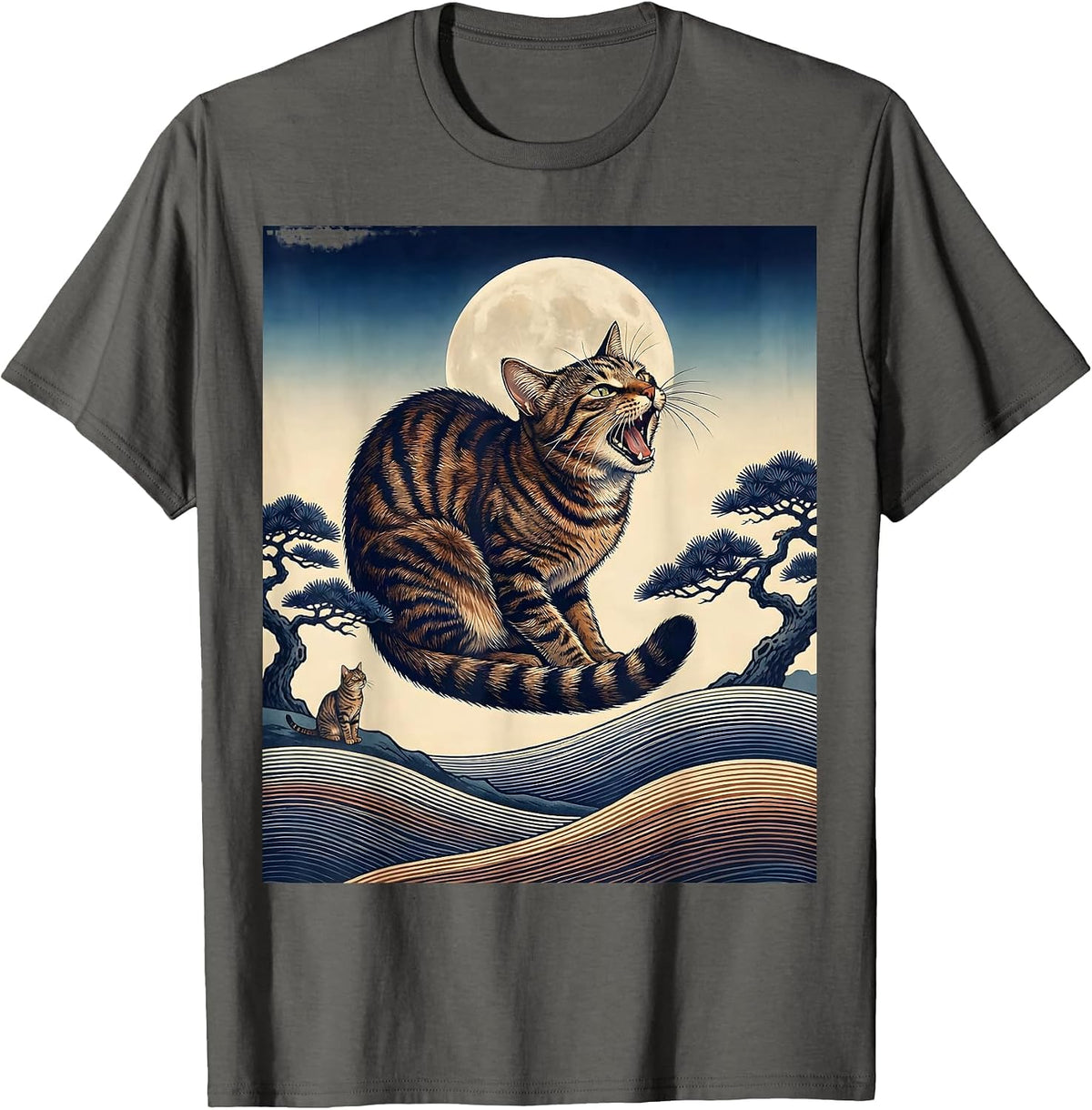 Brown Tabby Cat Howling at Moon 90's Retro Nature Art T-Shirt - Asphalt Grey